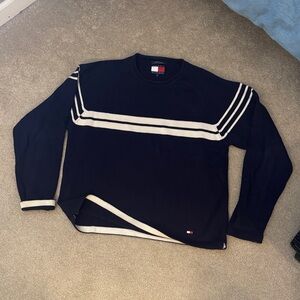 Tommy Hilfiger Men's Navy and Cream Rolled Crewneck Sweater- Cotton